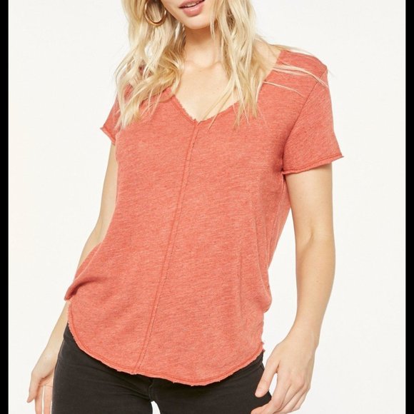 Project Social T Tops - PROJECT SOCIAL T Dark Orange Wearever V Neck Distress Short Sleeve T Size Small